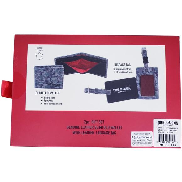 NIB True Religion 2pc. Genuine Leather Slimfold Wallet & Luggage Tag Gift Set - Picture 2 of 4